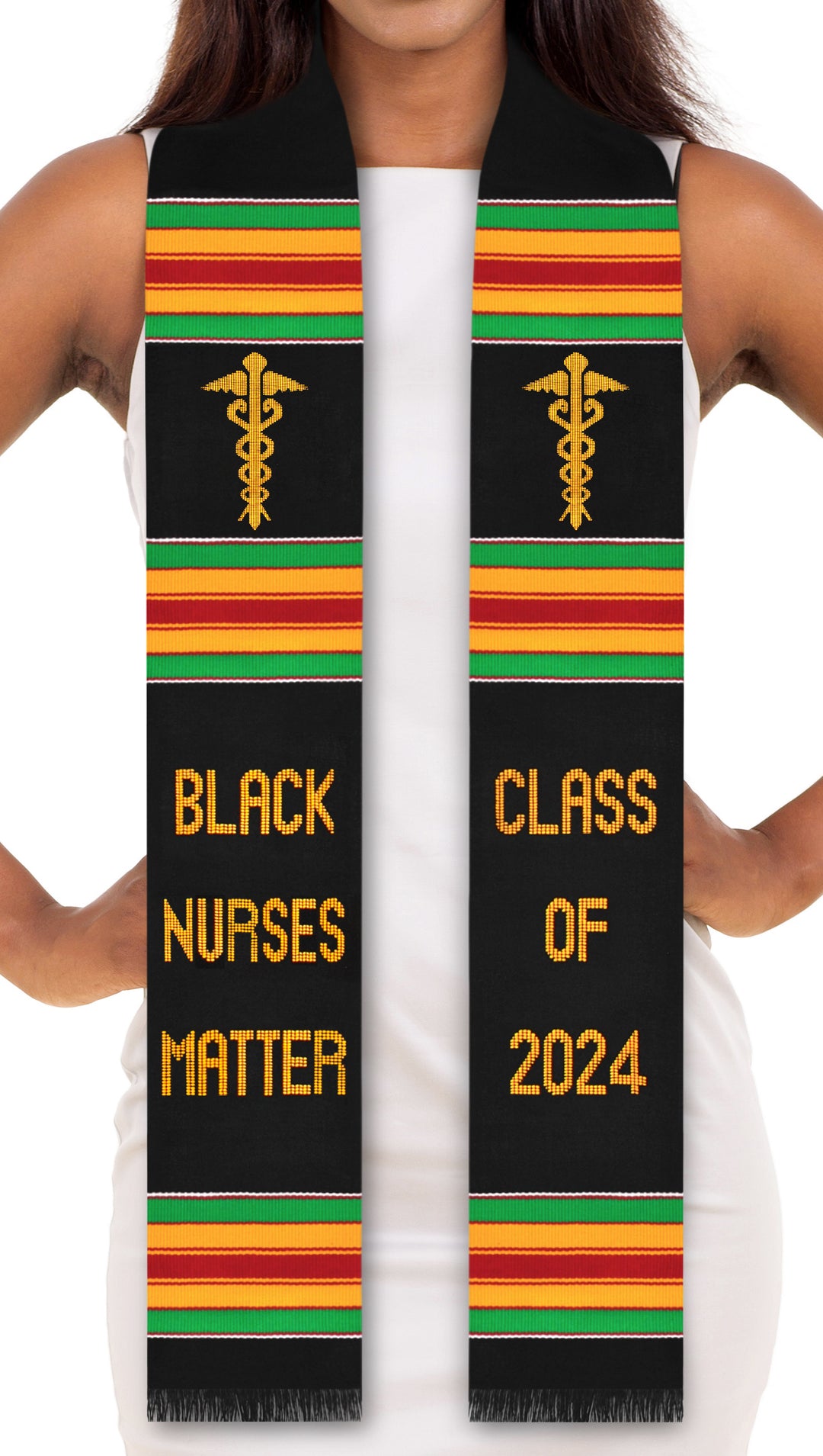 Black Nurses Matter Class of 2024 Kente Graduation Stole with Medicine Caduceus Symbol