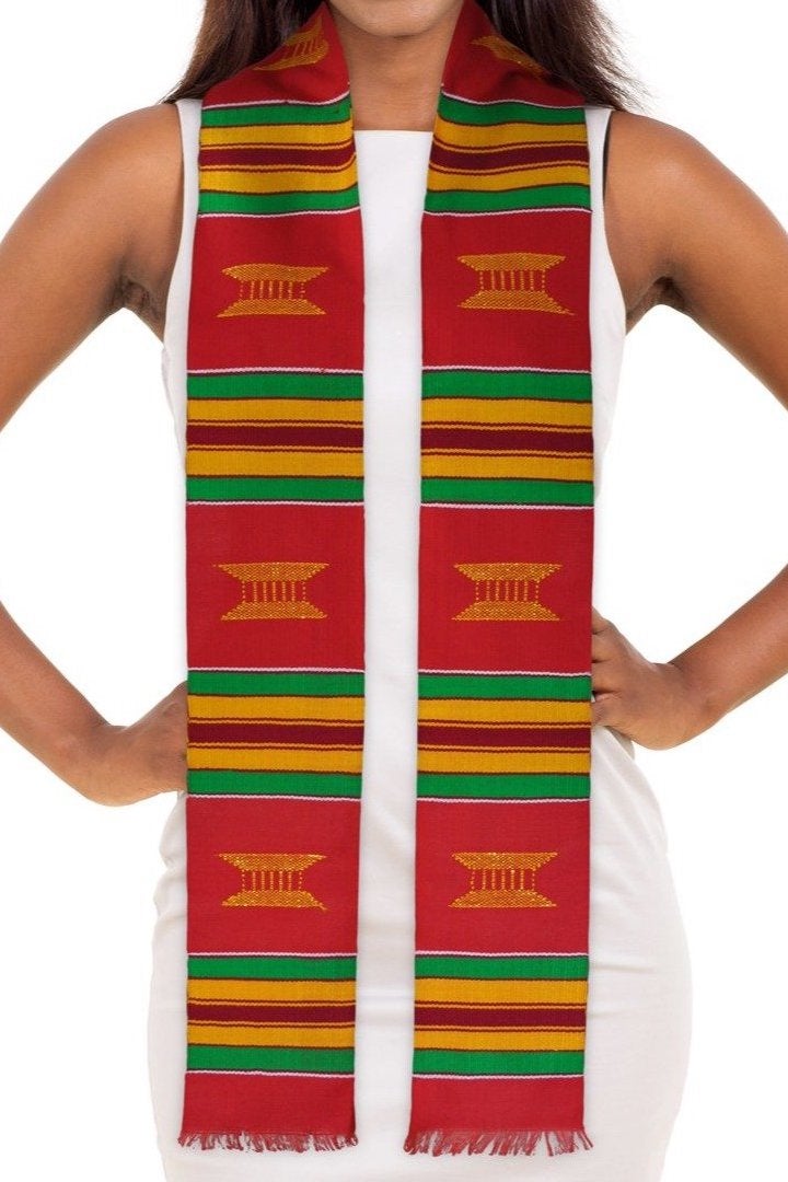 Authentic Handwoven Red Kente Cloth Graduation Stole (Red) - Sankofa Edition™