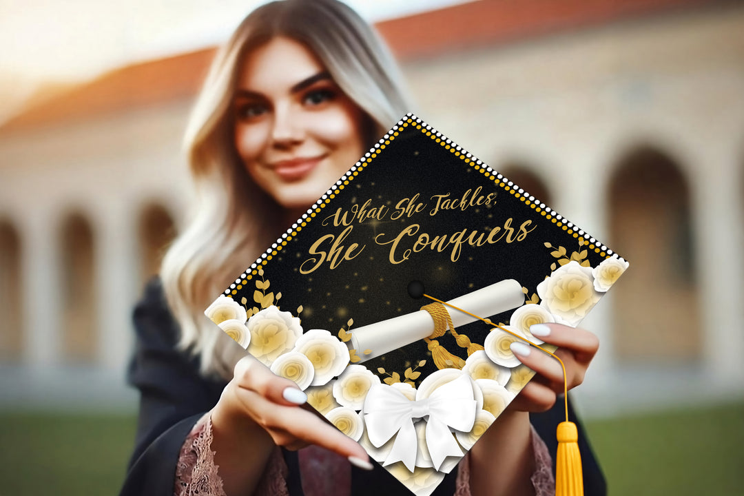 What She Tackles, She Conquers Graduation Cap Topper