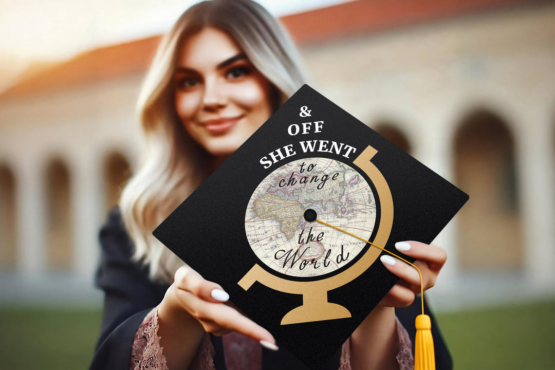 Off She Went To Change The World Graduation Cap Topper