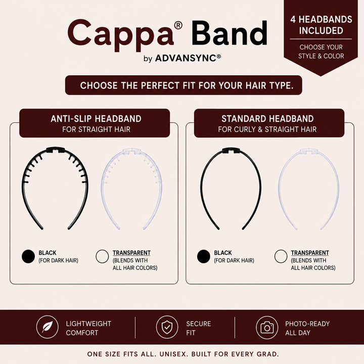 The Patented Cappa™ Band Graduation Cap Headband, Secures Your Graduation Cap on any Hairstyle