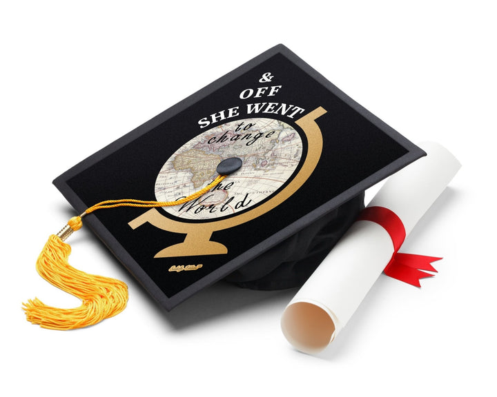 Off She Went To Change The World Graduation Cap Topper