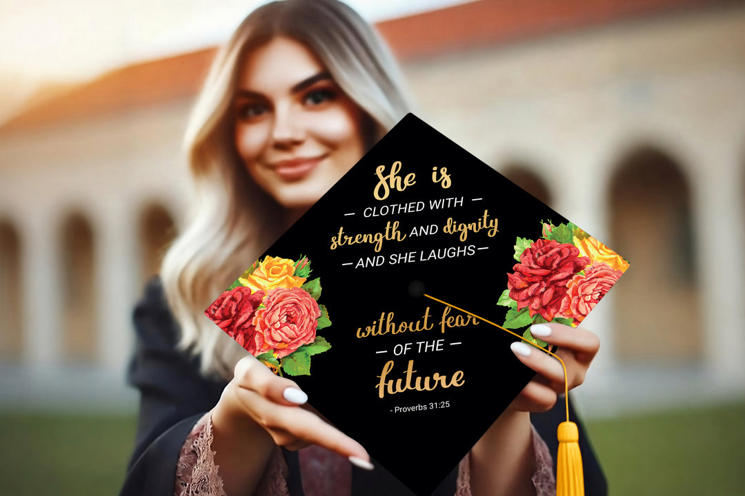 She Laughs Without Fear of the Future Graduation Cap Topper