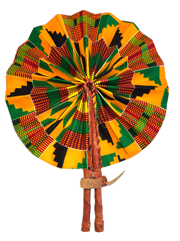 African Kente Print Fabric Handmade and Leather Folding Fan