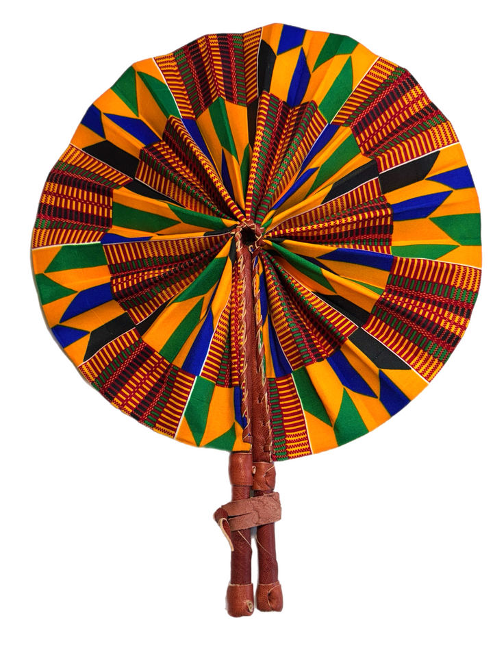 African Kente Print Fabric Handmade and Leather Folding Fan