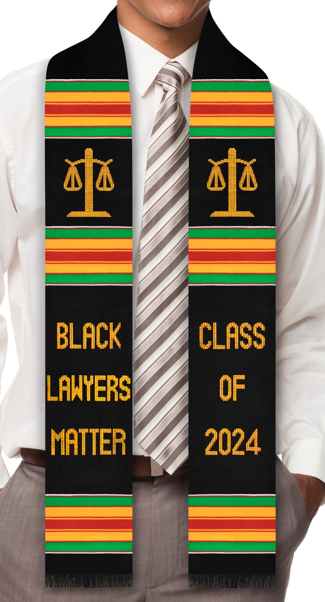 Black Lawyers Matter Class of 2024 Kente Graduation Stole with Scale Symbols for Law, Lawyers and Juris Doctors