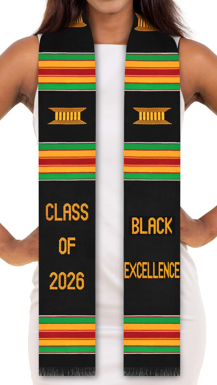 Graduation stole with 'Class of 2026' and 'Black Excellence' text on a black background