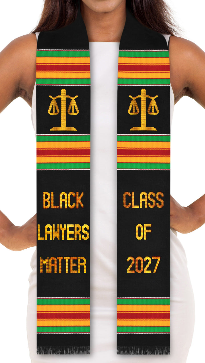 Black Lawyers Matter Class of 2027 Kente Graduation Stole with Scale Symbols for Law, Lawyers and Juris Doctors