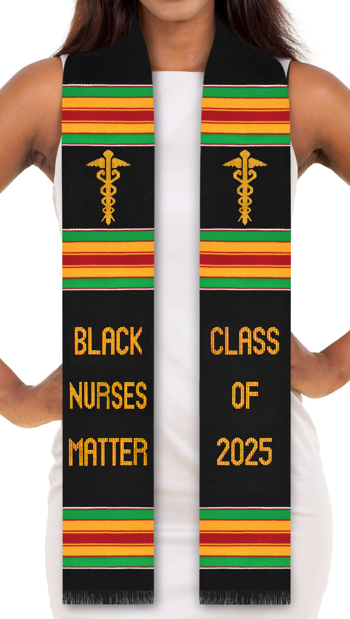 Black Nurses Matter Class of 2025 Kente Graduation Stole with Medicine Caduceus Symbol