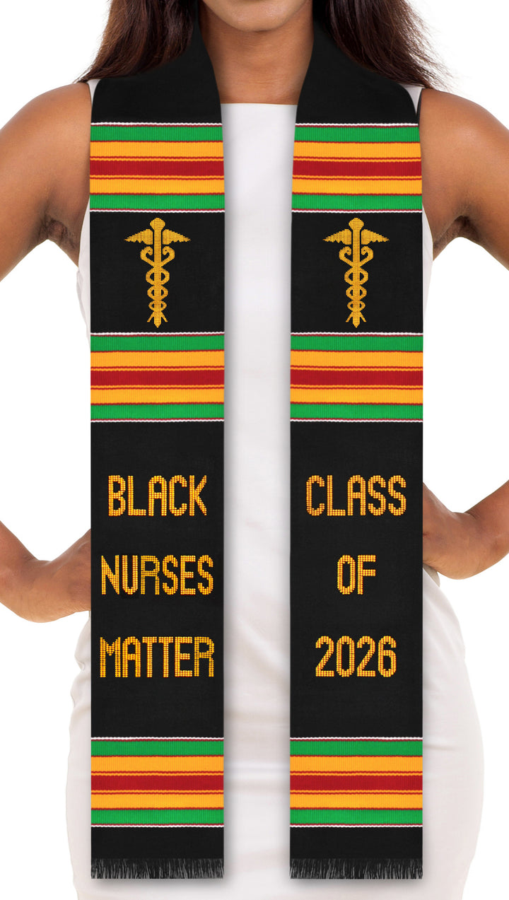 Black Nurses Matter Class of 2026 Kente Graduation Stole with Medicine Caduceus Symbol