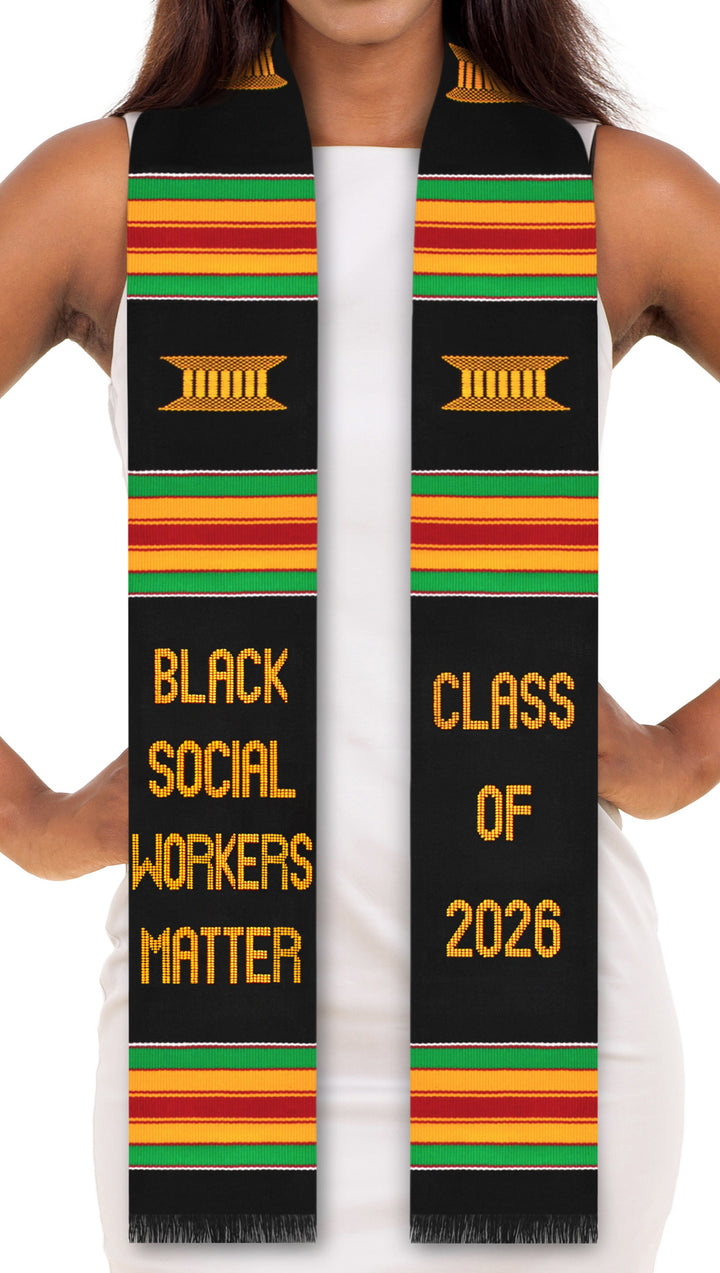 Stole with 'Black Social Workers Matter' and 'Class of 2026' text on a black background with colorful stripes.