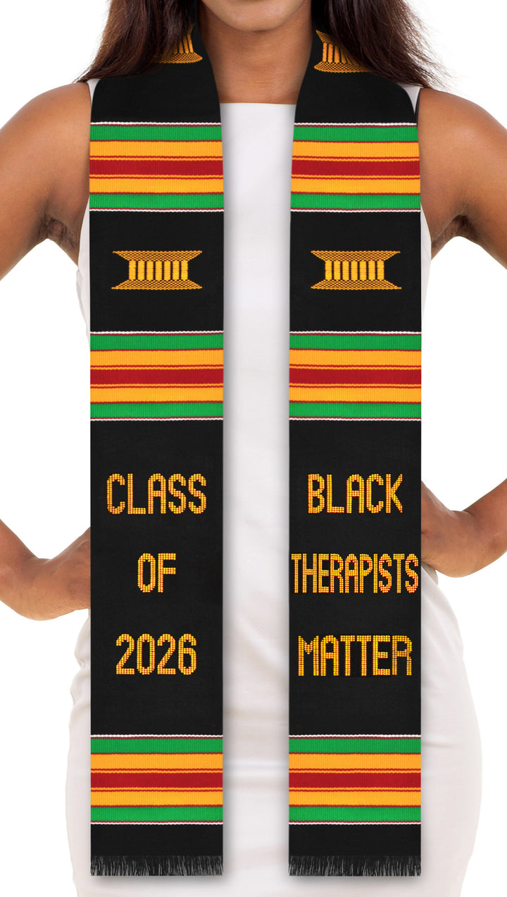 Black stoles with colorful stripes and text held by a person
