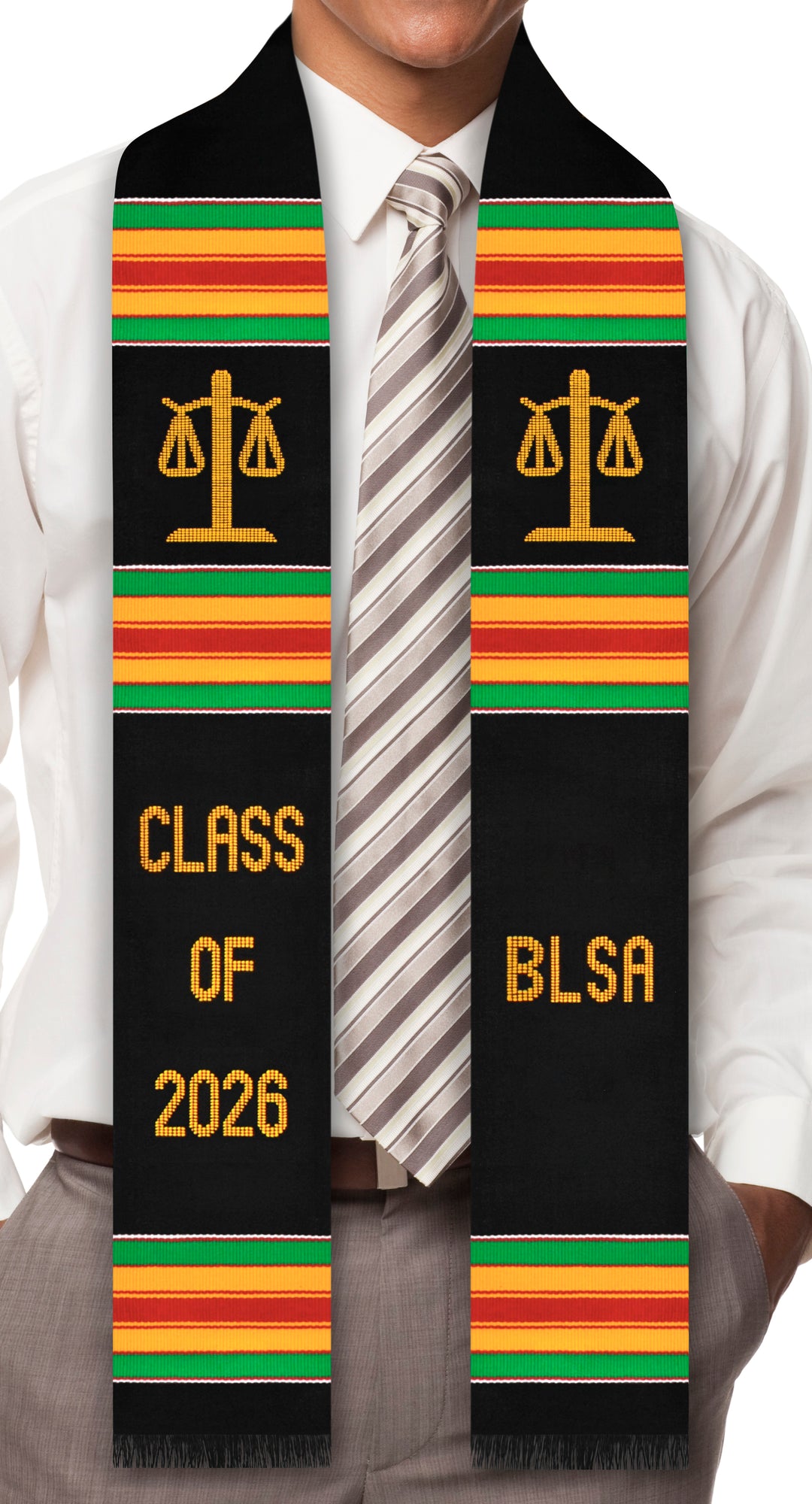 Étole de remise de diplôme Kente de la promotion 2025 de l'Association des étudiants noirs en droit (BLSA) avec symboles d'échelle