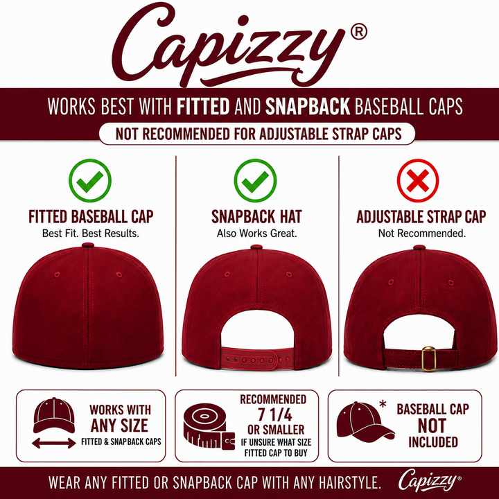 Capizzy — Converts Any Fitted or Snapback Baseball Cap Into a Backless Ponytail Cap, Fits Big Hair, Curls, Afros, Locs, Braids, Ponytails, Buns, and more. Patented, Unisex