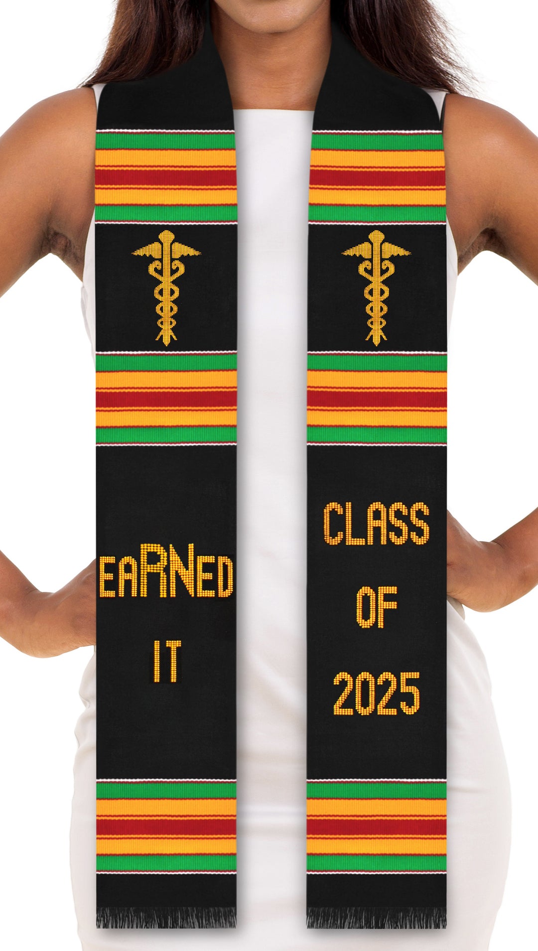 eaRNed it Class of 2025 Kente Graduation Stole (Registered Nurse) with Medicine Caduceus Symbol (coming soon!)