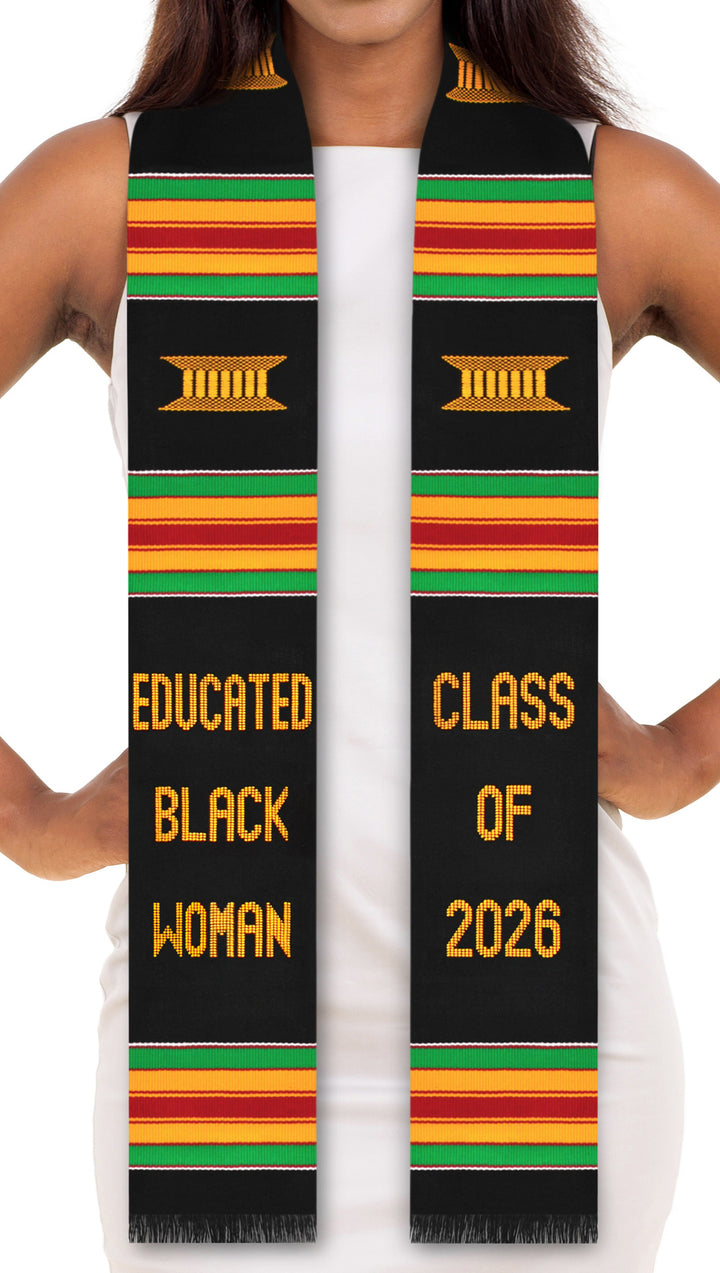Stole with 'Educated Black Woman Class of 2026' text and Kente pattern