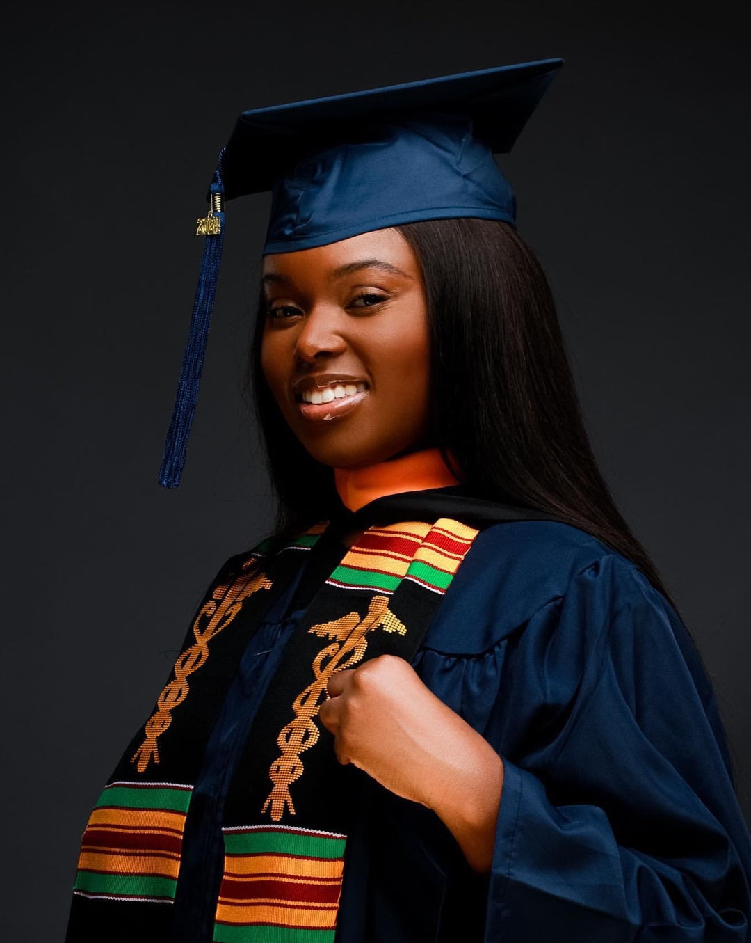 Estola de graduación de tela kente auténtica negra tejida a mano, lista para personalizar 