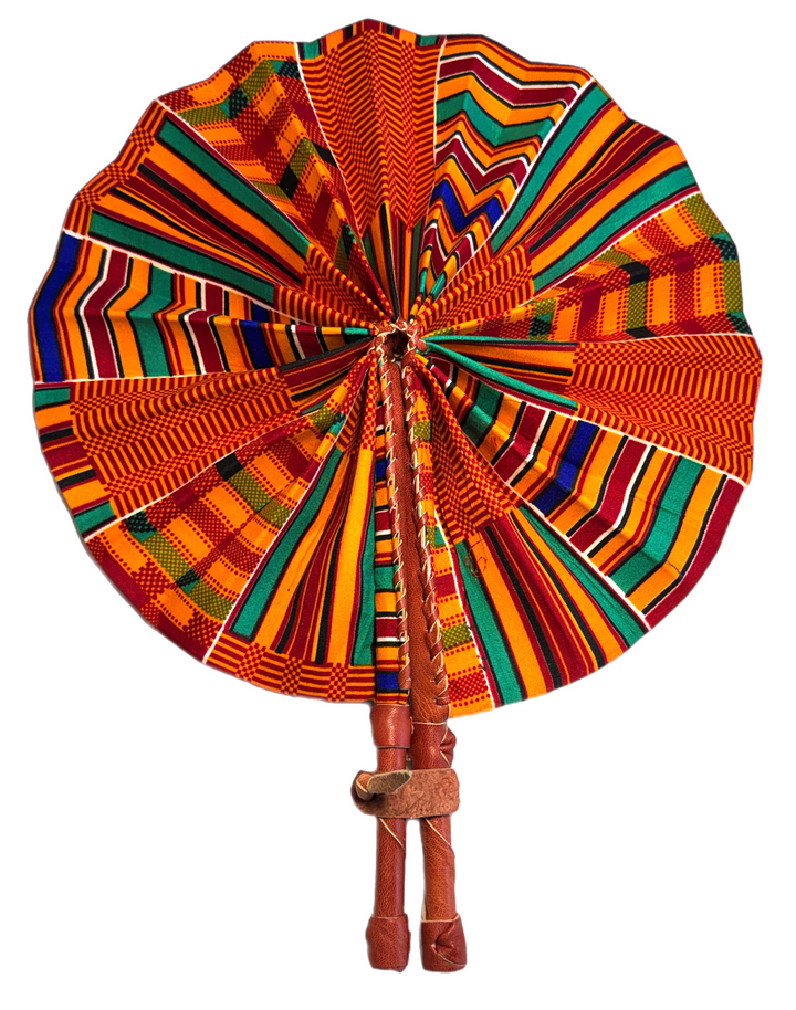 African Kente Print Fabric Handmade and Leather Folding Fan