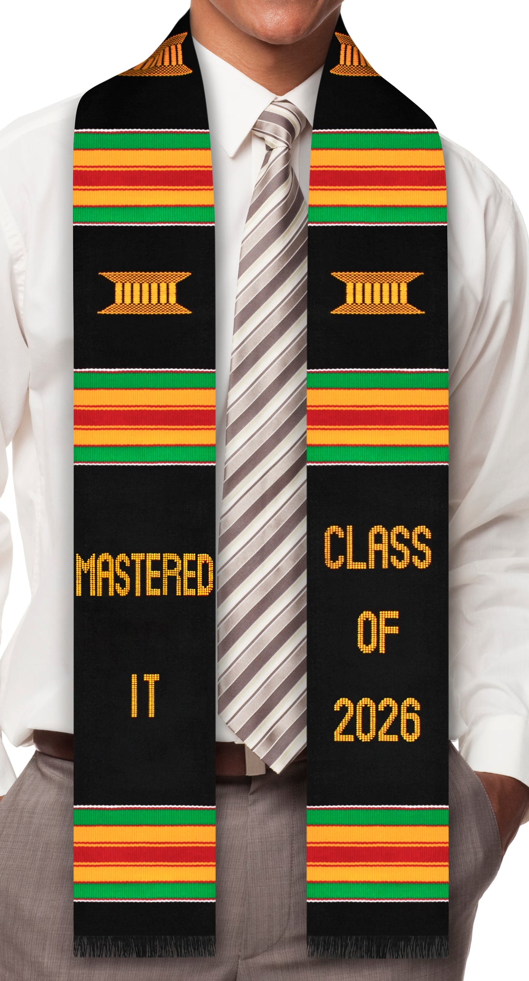 Graduation stole with 'Mastered IT Class of 2026' text and colorful stripes worn by a person.