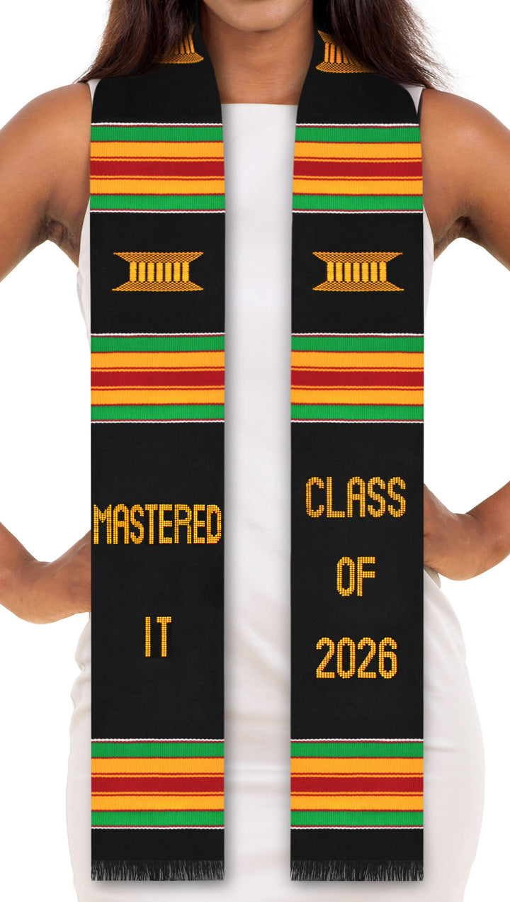 Graduation stole with Kente pattern and 'Mastered It Class of 2026' text