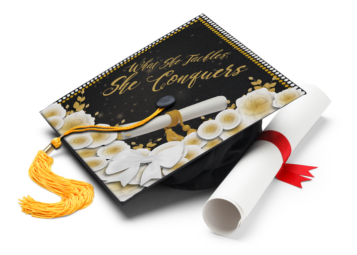 What She Tackles, She Conquers Graduation Cap Topper