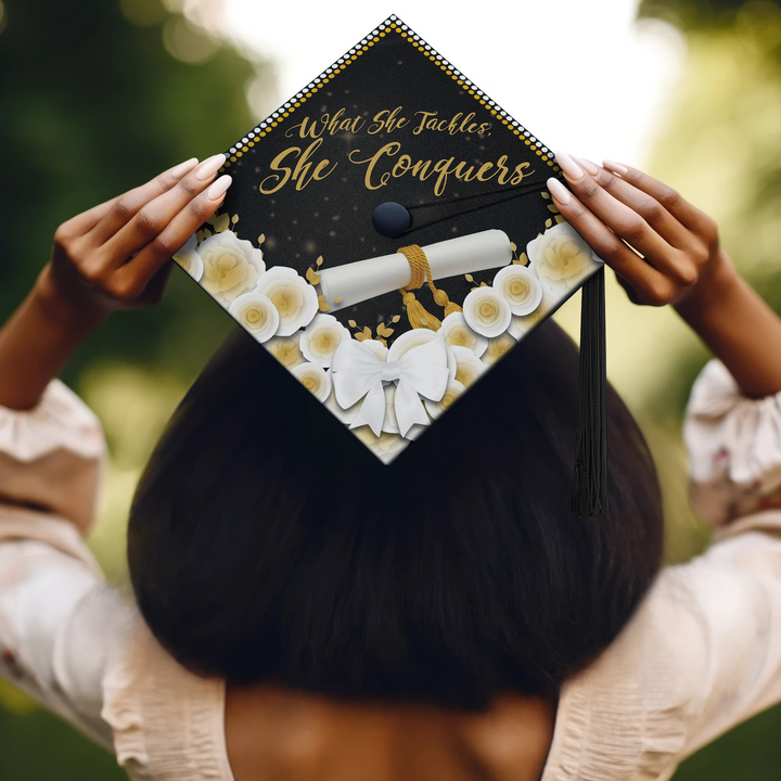 What She Tackles, She Conquers Graduation Cap Topper