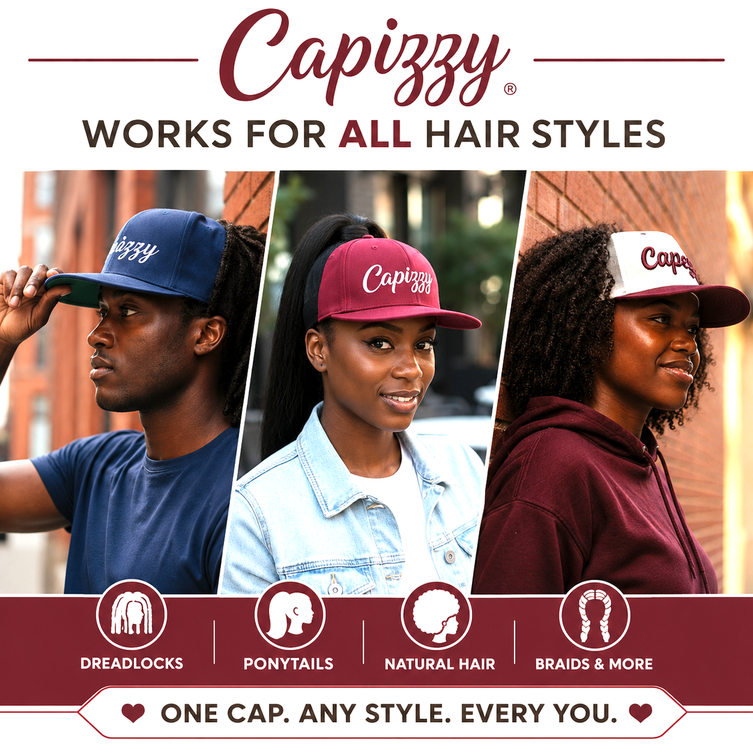 Capizzy — Converts Any Fitted or Snapback Baseball Cap Into a Backless Ponytail Cap, Fits Big Hair, Curls, Afros, Locs, Braids, Ponytails, Buns, and more. Patented, Unisex