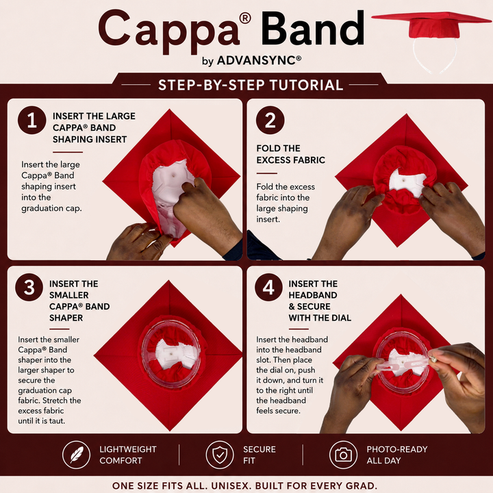 The Patented Cappa™ Band Graduation Cap Headband, Secures Your Graduation Cap on any Hairstyle
