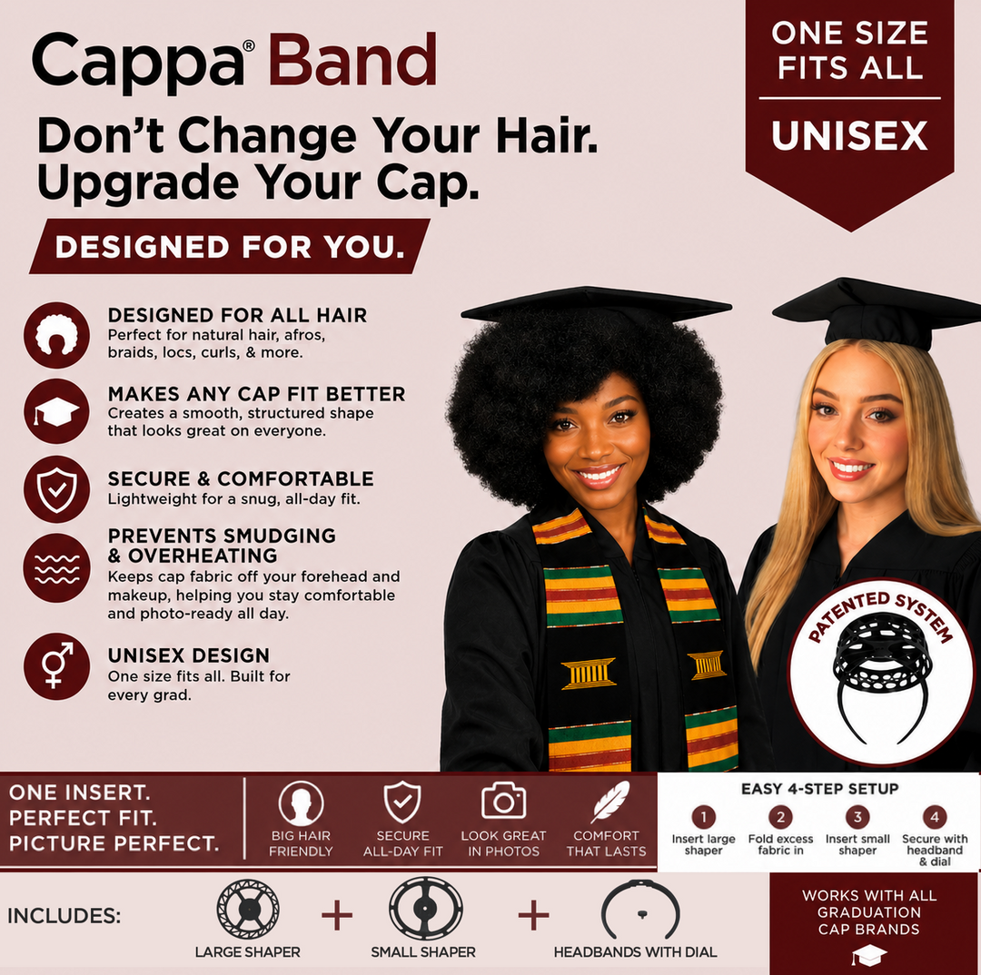 The Patented Cappa™ Band Graduation Cap Headband, Secures Your Graduation Cap on any Hairstyle