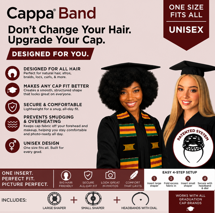 The Patented Cappa™ Band Graduation Cap Headband, Secures Your Graduation Cap on any Hairstyle