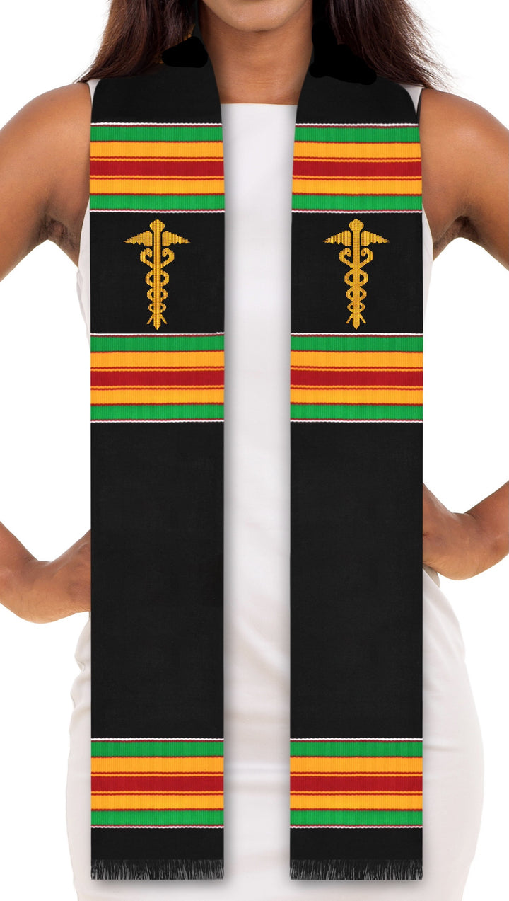 Estola de graduación de tela kente auténtica negra tejida a mano, lista para personalizar 