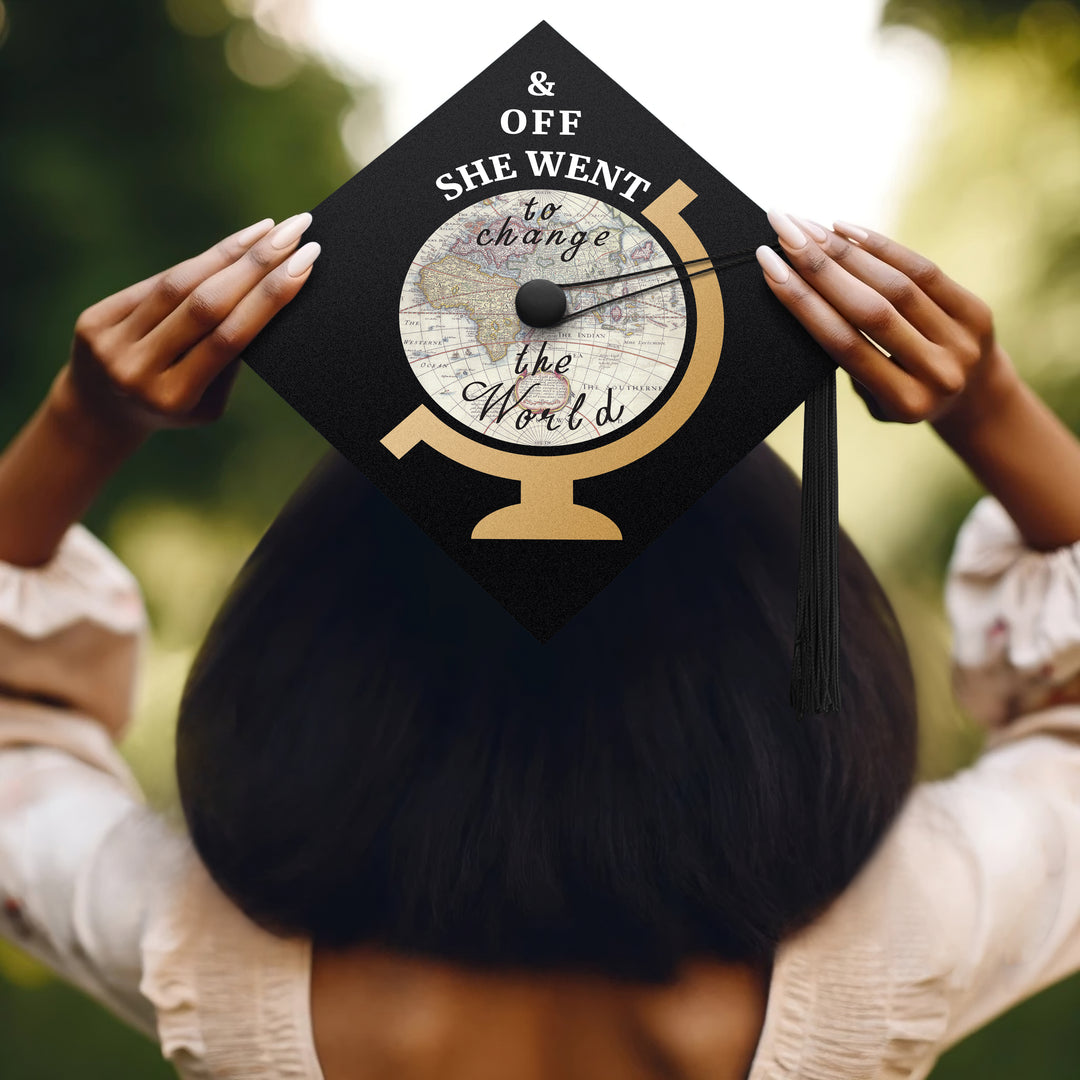 Off She Went To Change The World Graduation Cap Topper