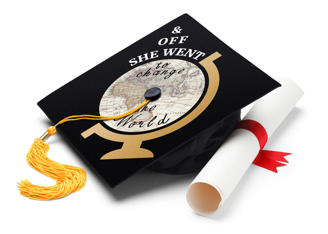 Off She Went To Change The World Graduation Cap Topper