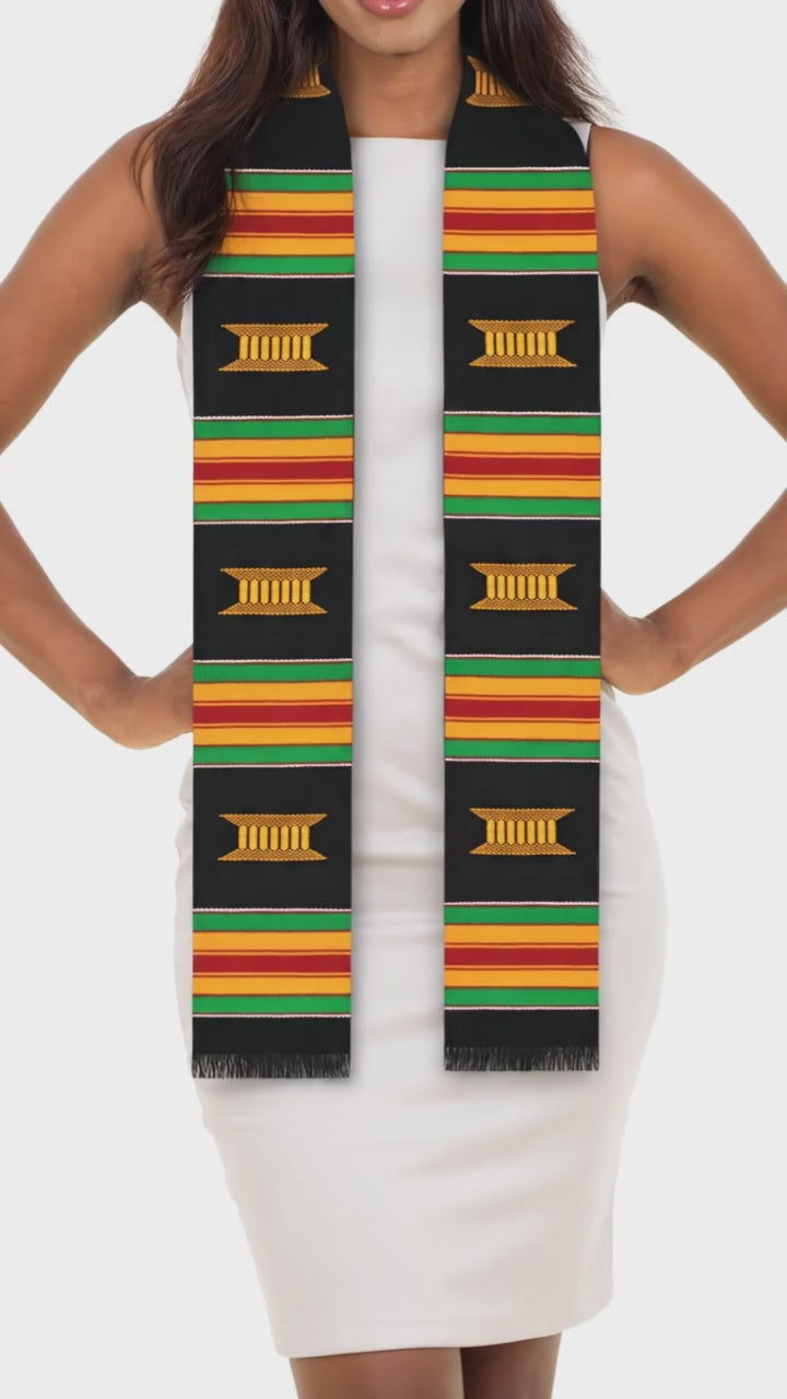 Authentic Handwoven Black Kente Cloth Graduation Stole (Black)