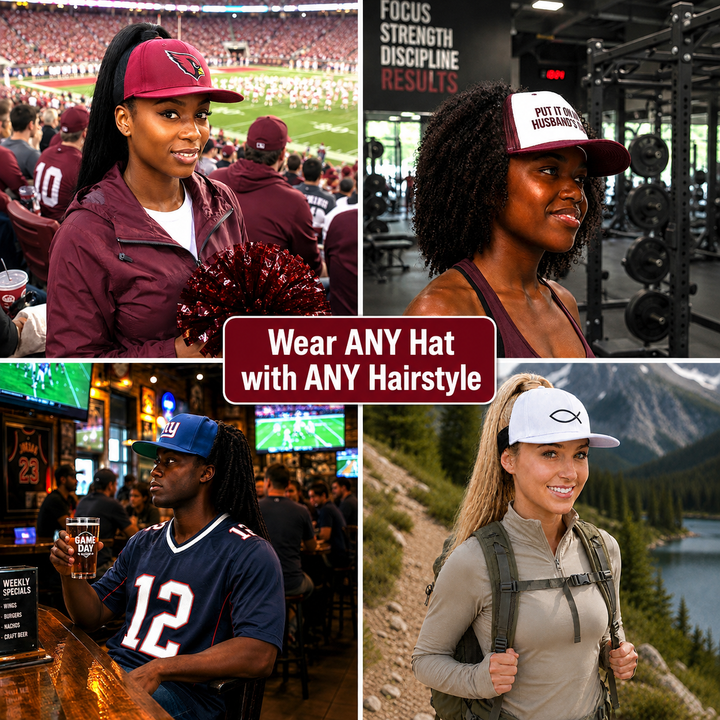 Capizzy — Converts Any Fitted or Snapback Baseball Cap Into a Backless Ponytail Cap, Fits Big Hair, Curls, Afros, Locs, Braids, Ponytails, Buns, and more. Patented, Unisex