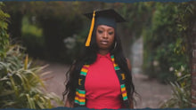 Load and play video in Gallery viewer, Ready to Customize Royal Blue &amp; White Kente Cloth Graduation Stole with Key
