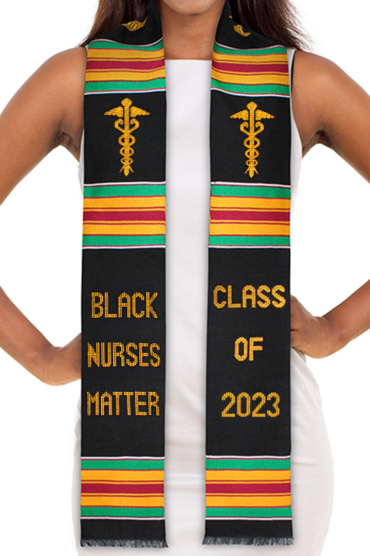 Black Nurses Matter Class of 2023 Kente Graduation Stole with Medicine Caduceus Symbol