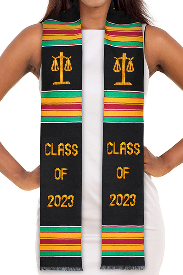Class of 2023 Kente Graduation Stole with Scales of Justice Symbol for Law, Lawyers and Juris Doctors
