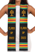 Load image into Gallery viewer, Class of 2023 Kente Graduation Stole with Scales of Justice Symbol for Law, Lawyers and Juris Doctors
