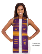 Load image into Gallery viewer, Customizable Purple &amp; Gold (yellow) Kente Cloth Graduation Stole - Sankofa Edition™
