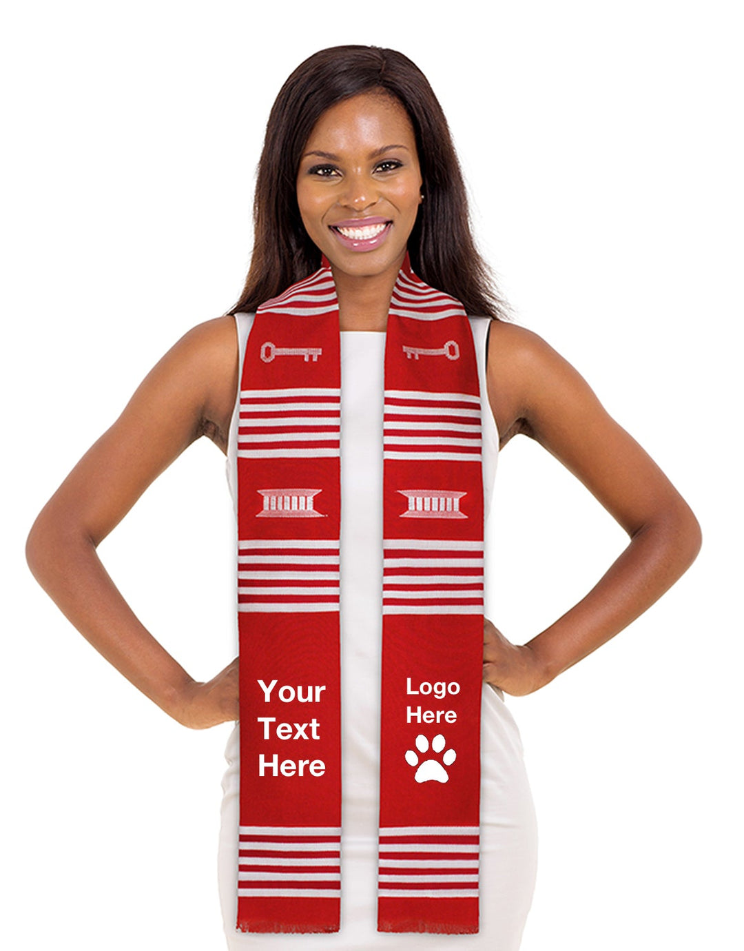 Customizable Red & White with Key Kente Cloth Graduation Stole - Sankofa Edition™