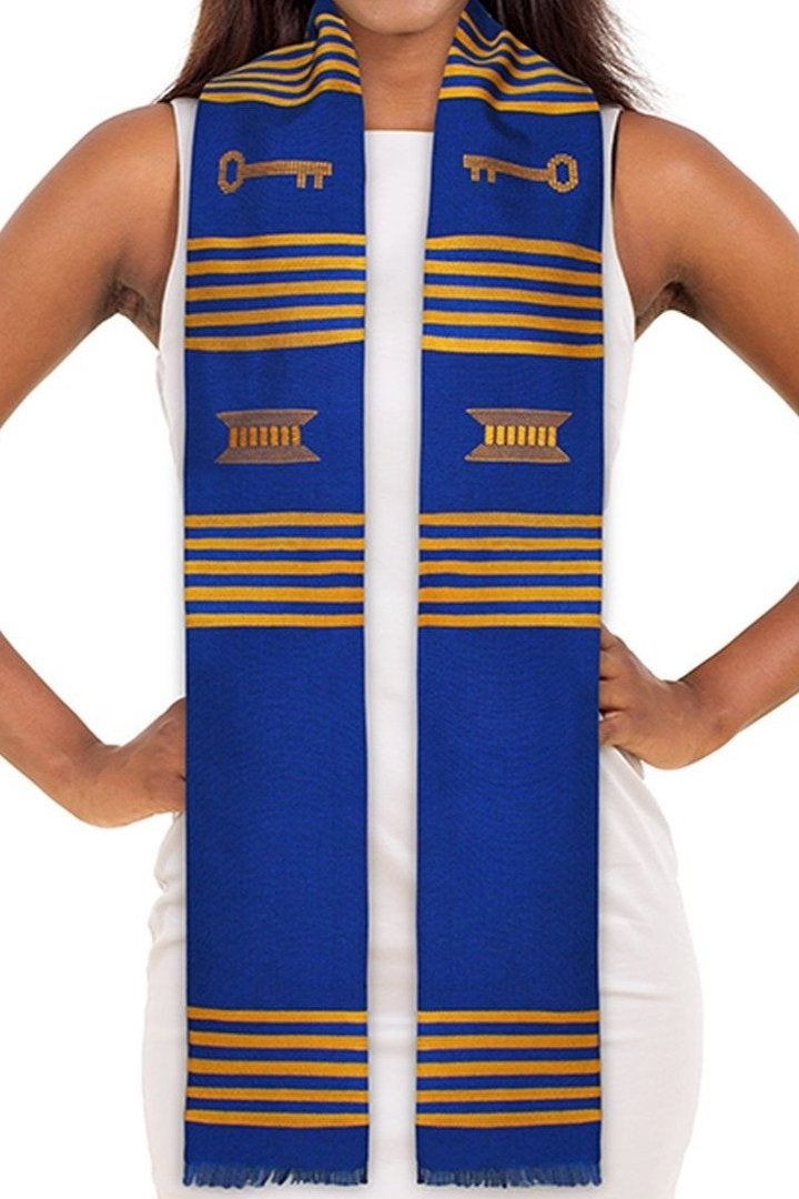 Customizable Royal Blue & Gold (yellow) with Key Kente Cloth Graduation Stole - Sankofa Edition™