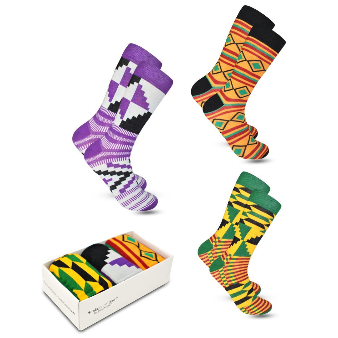 Premium Quality African Kente Cloth Socks for Dress or Casual Novelty | 3 Pack Bundle No. 2 - Sankofa Edition™