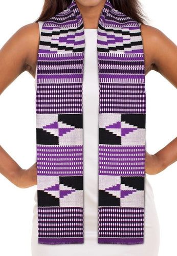 Traditional Double Weave Purple and White Kente Cloth Scarf Sash - Sankofa Edition™