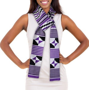 Traditional Double Weave Purple and White Kente Cloth Scarf Sash - Sankofa Edition™